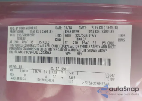 2018 Lincoln Mkc Premiere z USA, uszkodzony, nr VIN 5LMCJ1C94JUL23593